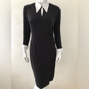 Joseph Ribkoff Dress Black Polka Dot Vintage 70s Dagger Collar Size 12 Size L